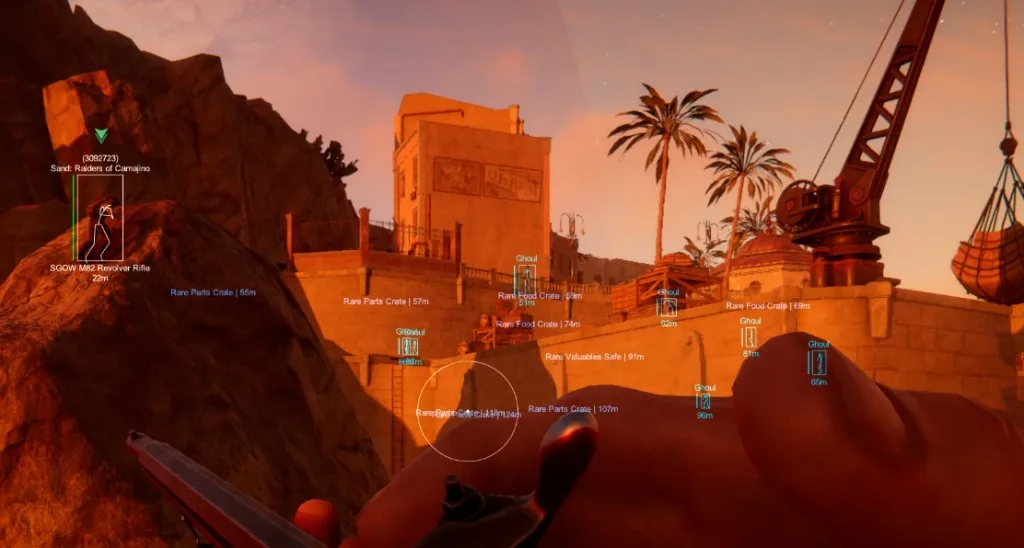 Sand Raiders of Sophie Cheats combat ESP at sunset — skeleton overlay, Ghoul tracking, and rare parts, food, and valuables crate labels through walls