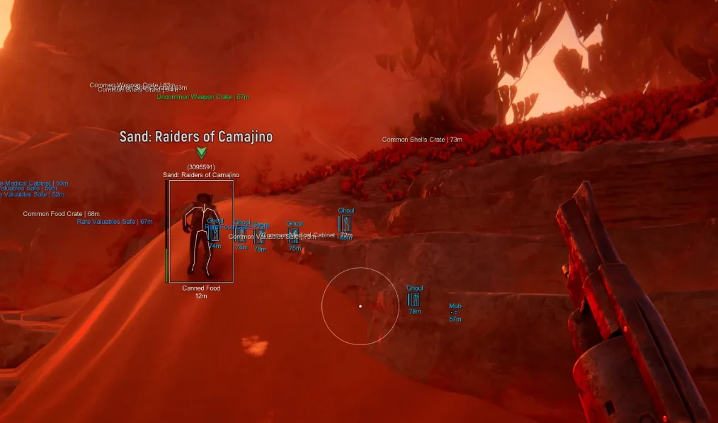 Sand Raiders of Sophie Cheats item ESP in cavern — Ghoul markers plus weapon, food, valuables, and medical crate labels with distances