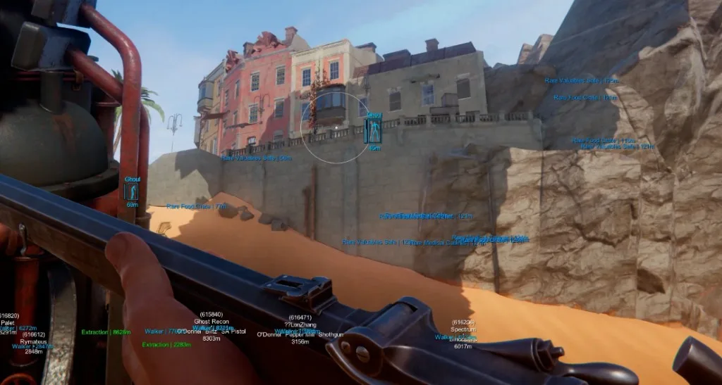 Sand Raiders of Sophie Cheats wallhack ESP — Ghoul and rare valuables or food crate labels visible through buildings with distance markers